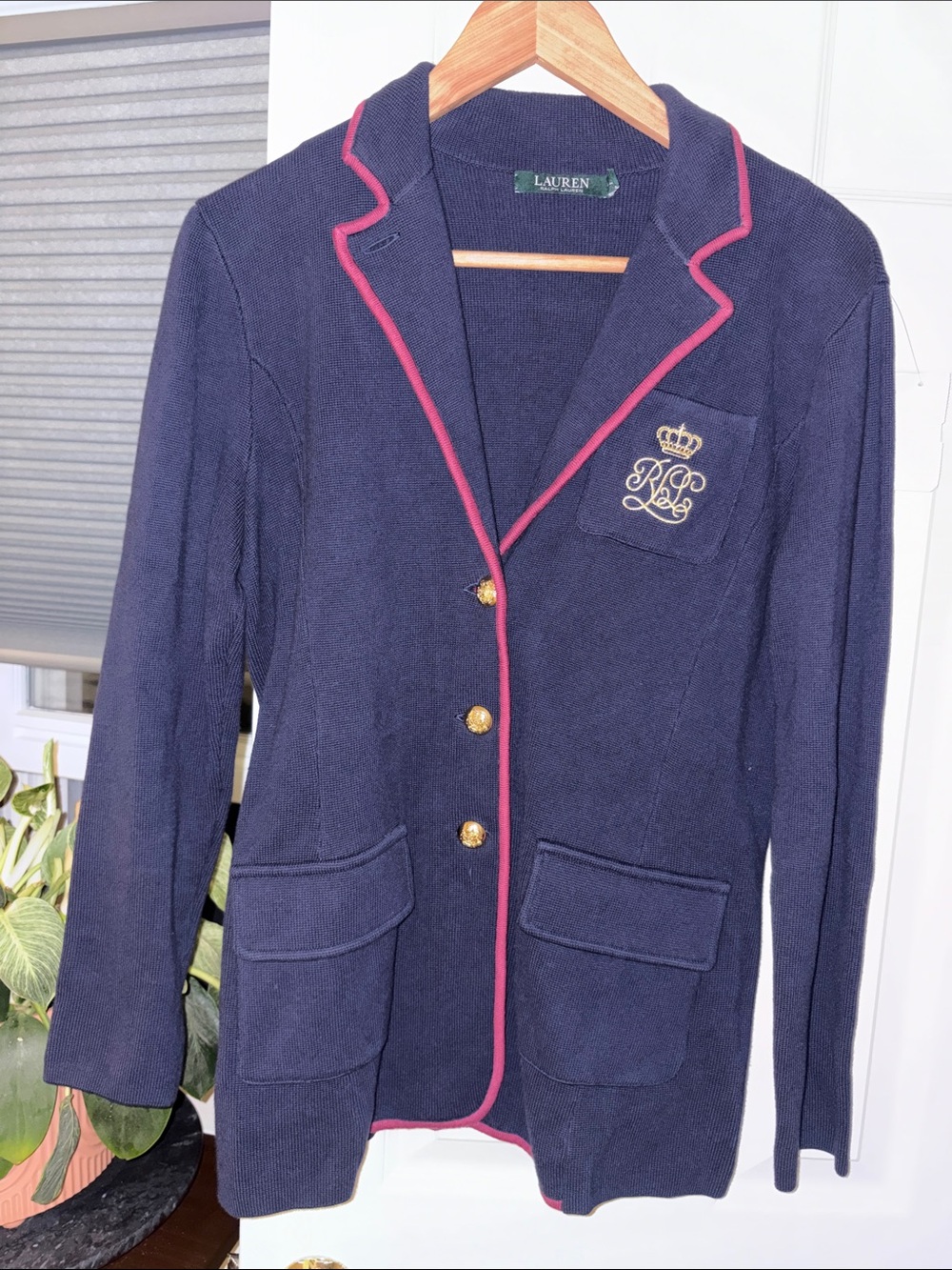 Lauren Ralph Lauren Navy Knit Blazer with Pink Piping and Gold Buttons